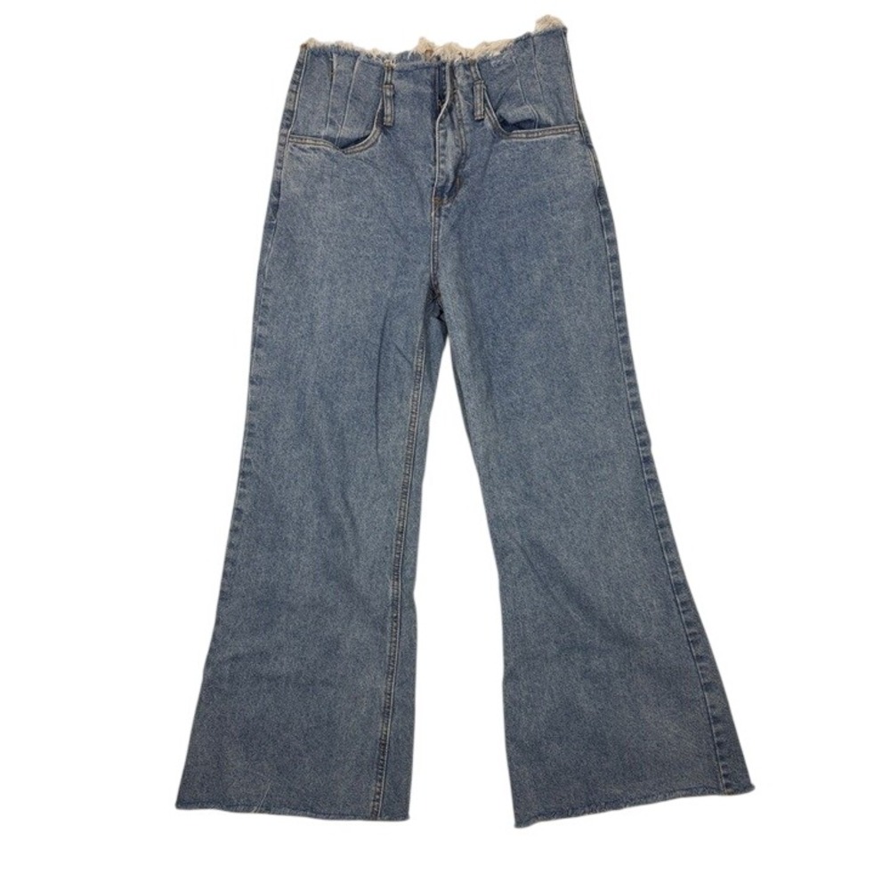 Signature 8 Women Medium Wash High Rise Frayed Raw Waist Wide Leg Jeans S80079 M